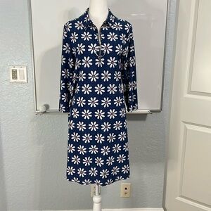 MSK Blue White Pink Bold Flower 70s Retro Print A-Line Dress Silver Zip Collar L